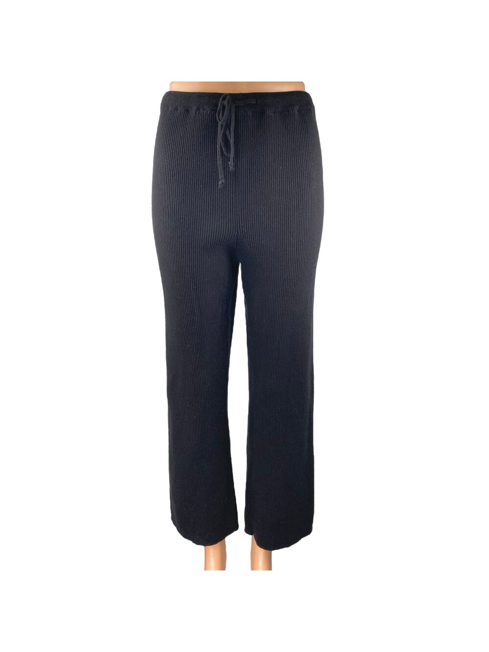 Legoe Heritage Womens Black Rib Knit Straight Leg High Waist Trousers Pants XS